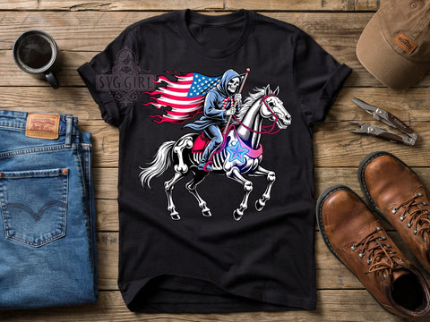 Patriotic Skeleton Horse T-Shirt PNG, Skeleton Horse, Patriotic Style, Red White Blue, Bold Design, Sublimation PNG, Statement Shirt, Holiday Vibes Sublimation SvggirlplusArt 