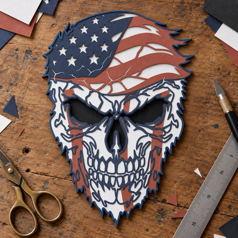 Patriotic Skull 3D SVG | American Flag Skull Svg | 6 Layer Skull Laser Cut File | USA Skull DXF | Layered Patriotic Wall Art 3D Paper HappyDesignStudio 