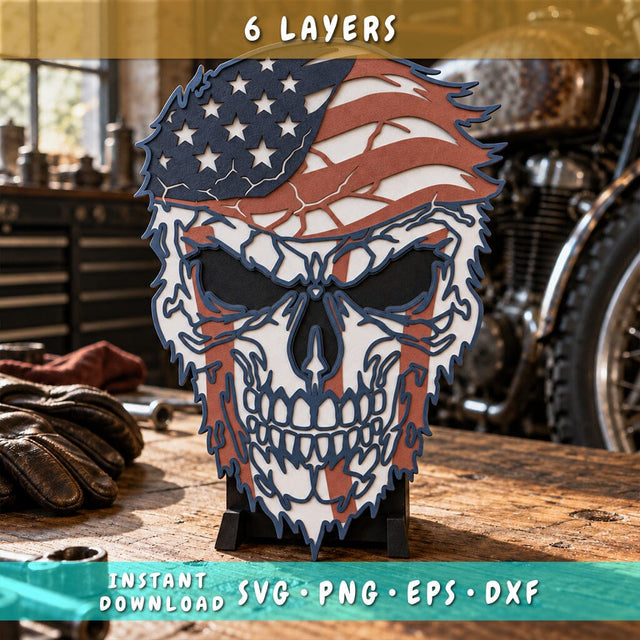 Patriotic Skull 3D SVG | American Flag Skull Svg | 6 Layer Skull Laser Cut File | USA Skull DXF | Layered Patriotic Wall Art 3D Paper HappyDesignStudio 