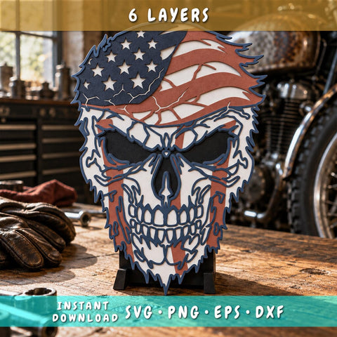 Patriotic Skull 3D SVG | American Flag Skull Svg | 6 Layer Skull Laser Cut File | USA Skull DXF | Layered Patriotic Wall Art 3D Paper HappyDesignStudio 