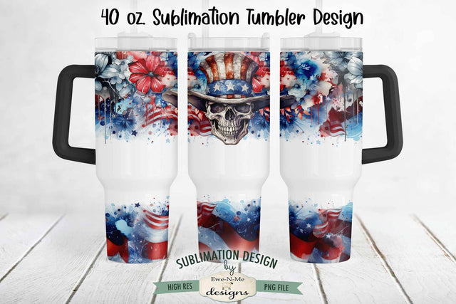 Patriotic Skull and Flowers 40 oz Sublimation Tumbler Design Sublimation Ewe-N-Me Designs 