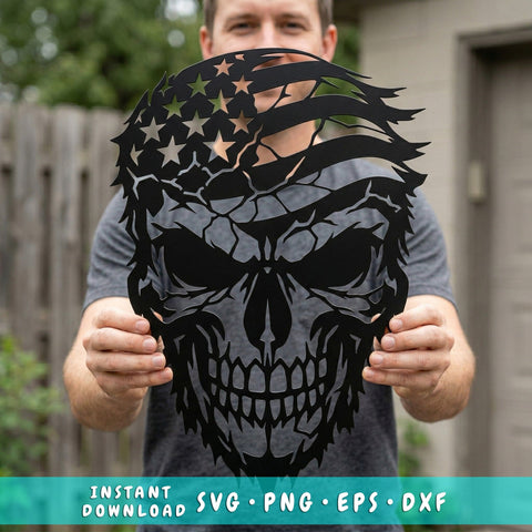 Patriotic Skull Flag Laser SVG | Plasma CNC Metal Wall Art File | American Flag Skull Dxf Png Eps | Laser Cut USA Skull Design SVG HappyDesignStudio 