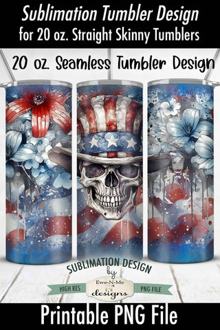 Patriotic Skull Flowers Flag Seamless 20 oz Sublimation Tumbler Design Sublimation Ewe-N-Me Designs 
