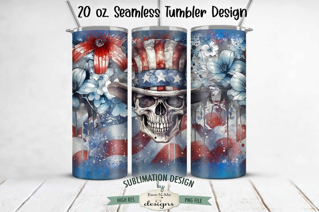 Patriotic Skull Flowers Flag Seamless 20 oz Sublimation Tumbler Design Sublimation Ewe-N-Me Designs 