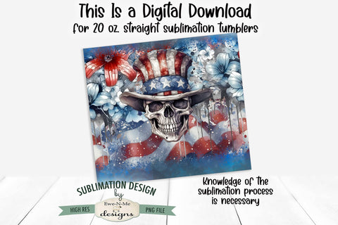 Patriotic Skull Flowers Flag Seamless 20 oz Sublimation Tumbler Design Sublimation Ewe-N-Me Designs 
