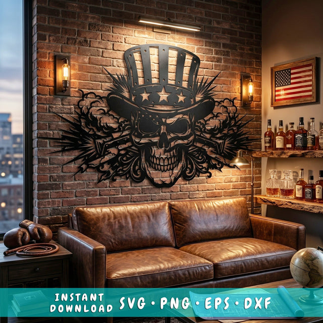 Patriotic Skull Laser SVG, Uncle Sam Skull Dxf, American Flag Metal Wall Art Cut File, CNC Plasma Cutting Design, USA Skull Laser Cut SVG HappyDesignStudio 