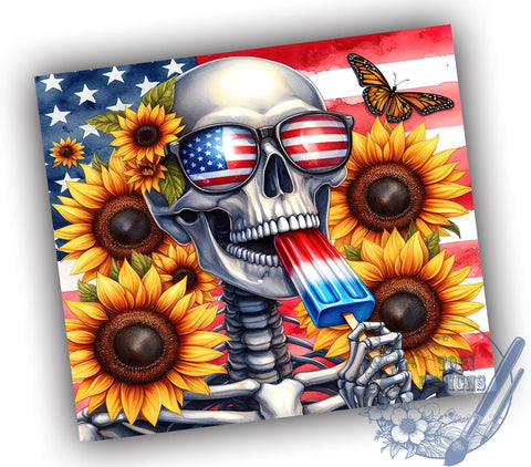 Patriotic Skull Sunflower 20oz Skinny Tumbler, 4th of July Tumbler Png, Straight & Tapered Tumbler Wrap, Instant Digital Download Sublimation ToriDesigns 