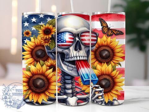 Patriotic Skull Sunflower 20oz Skinny Tumbler, 4th of July Tumbler Png, Straight & Tapered Tumbler Wrap, Instant Digital Download Sublimation ToriDesigns 
