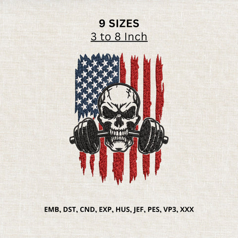 Patriotic Skull Weightlifting Machine Embroidery Design American Flag Gym Fitness PES DST Files Embroidery/Applique DESIGNS PatternFeed8 