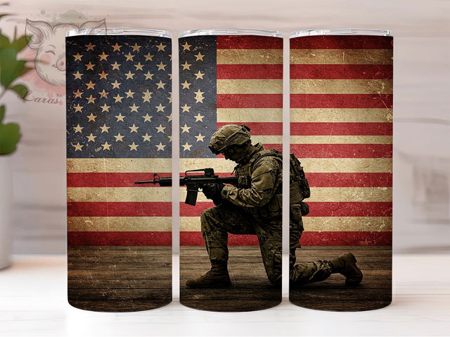 Patriotic Soldier Flag Tumbler, Patriotic Tumbler Wrap, Military Pride Tumbler, 20oz Flag Tumbler, USA Soldier Design, Veteran Tumbler Wrap, American Hero Cup Sublimation Lara' s Designs 