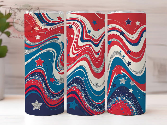 Patriotic Stars Stripes Swirl 20oz Tumbler, American Theme, Stars and Stripes, Red White Blue, Patriotic Design, 20oz Tumbler Wrap, Sublimation PNG Sublimation Lara' s Designs 