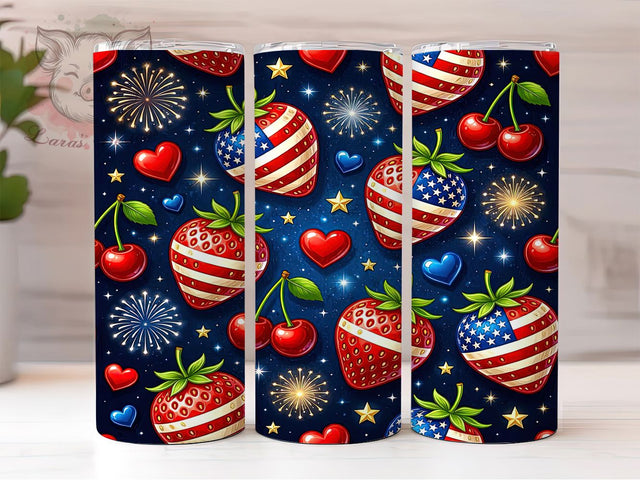 Patriotic Strawberries Stars & Stripes 20oz Tumbler, American Flag Design, 4th of July Theme, Glossy Red Fruit, Stars and Stripes, 20oz Tumbler Wrap, Sublimation PNG Sublimation Lara' s Designs 