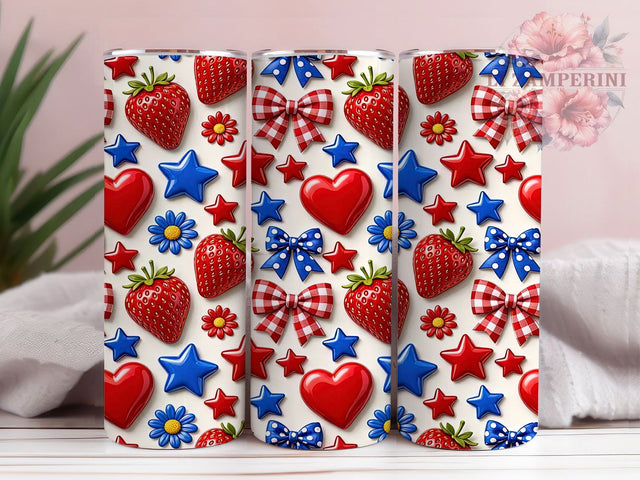 Patriotic Strawberry Bow 20oz Tumbler, Patriotic Theme, Strawberry Motif, Bow Design, Festive Charm, Whimsical Style, Skinny Tumbler, Sublimation PNG Sublimation Li Zamperini 