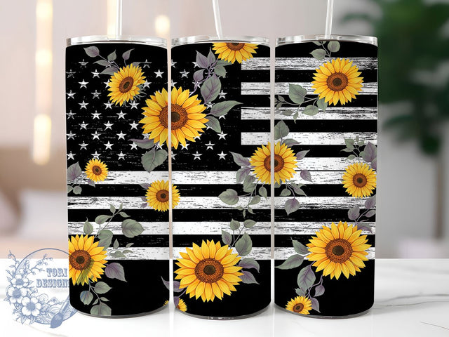 Patriotic Sunflower American Flag Tumbler, American Flag Art, Rustic Design, Country Tumbler, Farmhouse Style, Summer Flag Design, Floral Patriotic Gift Sublimation ToriDesigns 