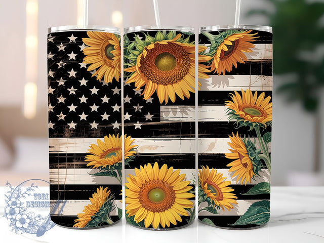 Patriotic Sunflower American Flag Tumbler, American Flag Art, Rustic Design, Country Tumbler, Farmhouse Style, Summer Flag Design, Floral Patriotic Gift Sublimation ToriDesigns 
