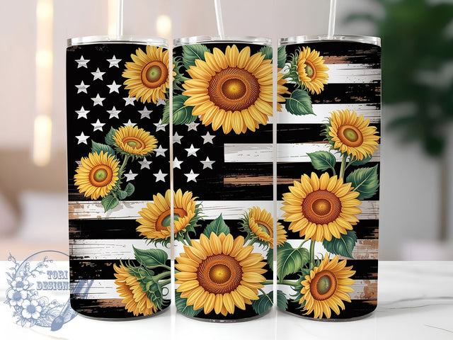Patriotic Sunflower American Flag Tumbler, American Flag Art, Rustic Design, Country Tumbler, Farmhouse Style, Summer Flag Design, Floral Patriotic Gift Sublimation ToriDesigns 