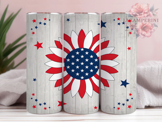Patriotic Sunflower Art 20oz Tumbler, Patriotic Sunflower, American Flag, Red White Blue, 4th of July, Stylized Floral, Skinny Tumbler, Sublimation PNG Sublimation Li Zamperini 