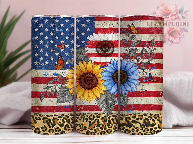 Patriotic Sunflower Butterfly Tumbler Wrap, Sunflower Butterfly Tumbler, 20oz Sublimation Tumbler, American Flag Floral Tumbler, Red White Blue Tumbler, Rustic USA Tumbler Sublimation Li Zamperini 