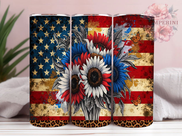 Patriotic Sunflower Butterfly Tumbler Wrap, Sunflower Butterfly Tumbler, 20oz Sublimation Tumbler, American Flag Floral Tumbler, Red White Blue Tumbler, Rustic USA Tumbler Sublimation Li Zamperini 