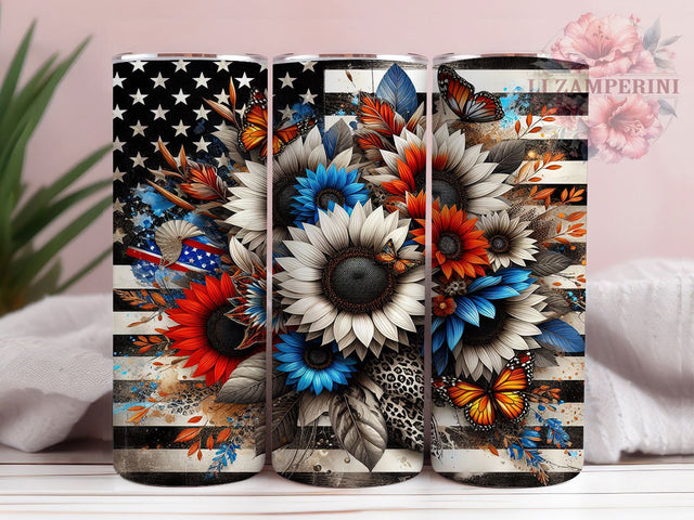 Patriotic Sunflower Butterfly Tumbler Wrap, Sunflower Butterfly Tumbler, 20oz Sublimation Tumbler, American Flag Floral Tumbler, Red White Blue Tumbler, Rustic USA Tumbler Sublimation Li Zamperini 
