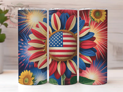 Patriotic Sunflower Flag 20oz Tumbler Wrap, American Flag Flowers, Red White Blue Petals, USA Independence Day Design, 4th of July Sublimation, 20oz Tumbler Wrap, PNG Tumbler Design Sublimation Lara' s Designs 