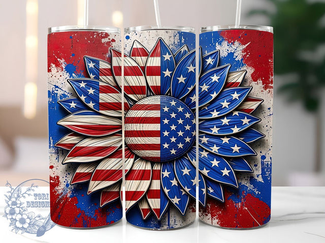 Patriotic Sunflower Flag 20oz Tumbler Wrap, Sunflower Motif, American Flag, Patriotic Theme, Rustic Charm, Farmhouse Style, Skinny Tumbler, Sublimation PNG Sublimation ToriDesigns 
