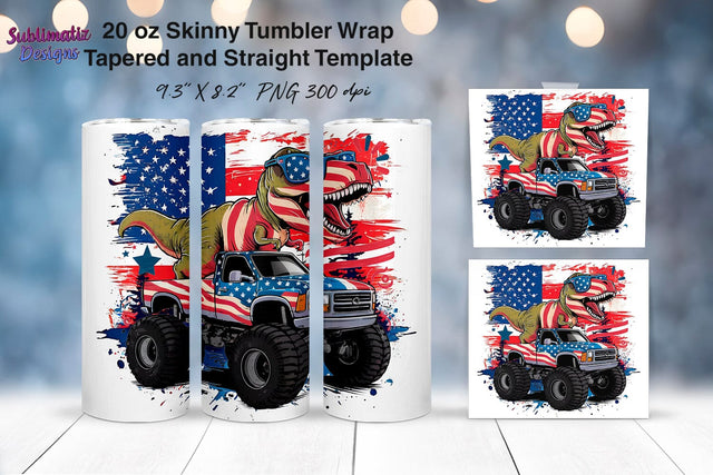 Patriotic T-Rex Riding Monster Truck Tumbler desing Sublimation Sublimatiz Designs 