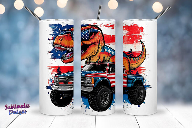 Patriotic T-Rex Riding Monster Truck Tumbler Template Sublimation Sublimatiz Designs 