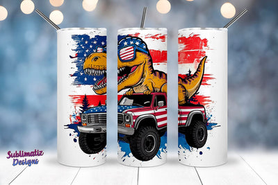 Patriotic T-Rex Riding Monster Truck Tumbler Wrap Sublimation Sublimatiz Designs 