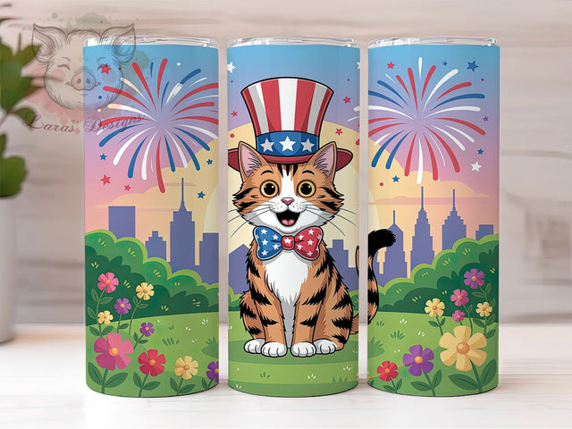 Patriotic Tabby Cat 20oz Tumbler, USA Flag Wrap, Sublimation Gift, Patriotic Mug, 20oz Tumbler Design, Tabby Cat Cartoon, American Pride Theme Sublimation Lara' s Designs 