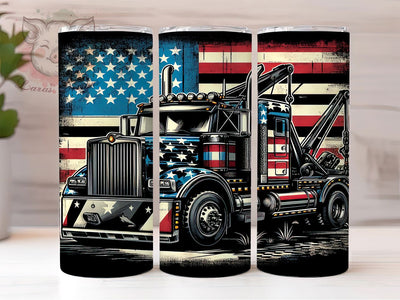 Patriotic Tow Truck 20oz Tumbler Wrap, American Flag Mug, Patriotic Tow Truck Cup, USA Flag Vehicle Design, Roadside Assistance Gift, Heavy Duty Truck Wrap, Sublimation Tumbler Sublimation Lara' s Designs 