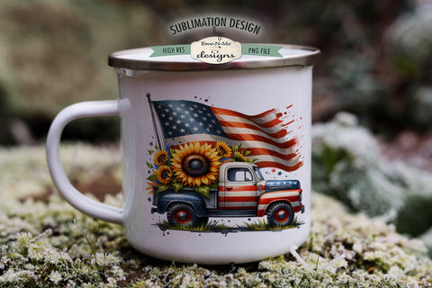 Patriotic Truck with Sunflowers Mug Sublimation | Land of the Free Because of the Brave Sublimation Ewe-N-Me Designs 