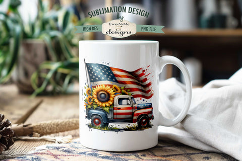 Patriotic Truck with Sunflowers Mug Sublimation | Land of the Free Because of the Brave Sublimation Ewe-N-Me Designs 