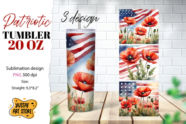 Patriotic tumbler. American flag and poppy flowers 3 design Sublimation Yustaf Art Store 