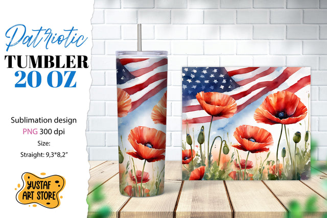 Patriotic tumbler. American flag and poppy flowers design Sublimation Yustaf Art Store 