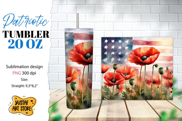 Patriotic tumbler. American flag and poppy flowers design Sublimation Yustaf Art Store 