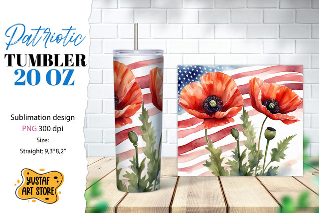 Patriotic tumbler. American flag and poppy flowers design Sublimation Yustaf Art Store 