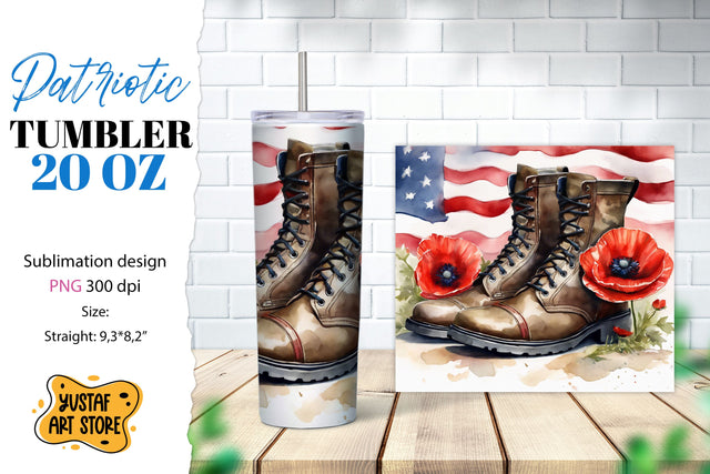 Patriotic tumbler. Boots and poppy flowers sublimation PNG Sublimation Yustaf Art Store 