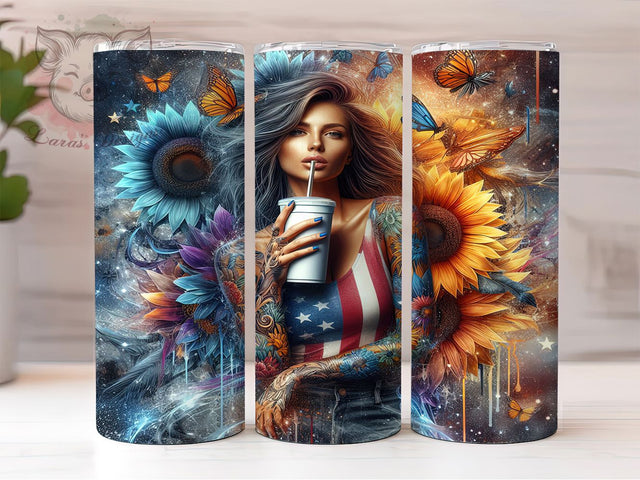 Patriotic USA Floral Girl 20oz Tumbler, USA Tumbler, Floral Tumbler, Girl Tumbler, American Flag Tumbler, Independence Day Tumbler, 20oz Sublimation Wrap Sublimation Lara' s Designs 