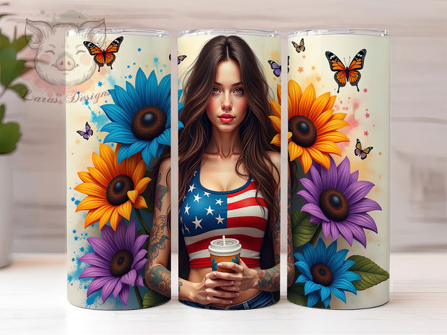 Patriotic USA Floral Girl 20oz Tumbler, USA Tumbler, Floral Tumbler, Girl Tumbler, American Flag Tumbler, Independence Day Tumbler, 20oz Sublimation Wrap Sublimation Lara' s Designs 