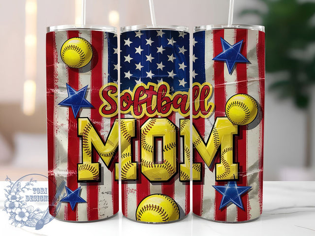 Patriotic USA Softball Mom Tumbler, Baseball Mom Gift, American Flag Sports Wrap, Team USA Mom Design, Red White Blue Sublimation, All-Star Mom Present, Game Day Patriotic Tumbler Sublimation ToriDesigns 