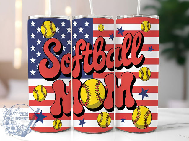 Patriotic USA Softball Mom Tumbler, Baseball Mom Gift, American Flag Sports Wrap, Team USA Mom Design, Red White Blue Sublimation, All-Star Mom Present, Game Day Patriotic Tumbler Sublimation ToriDesigns 