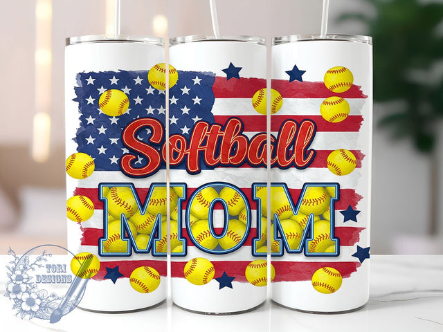 Patriotic USA Softball Mom Tumbler, Baseball Mom Gift, American Flag Sports Wrap, Team USA Mom Design, Red White Blue Sublimation, All-Star Mom Present, Game Day Patriotic Tumbler Sublimation ToriDesigns 