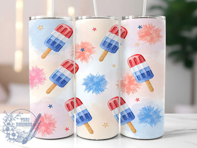 Patriotic Watercolor Popsicle 20oz Tumbler, Watercolor Popsicle, Summer Pattern, Fourth of July, Festive Design, Skinny Tumbler, Sublimation PNG Sublimation ToriDesigns 