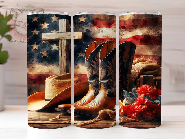 Patriotic Western Cross Tumbler, Cowboy Boots Tumbler, Stylish 20oz Wrap, Sublimation Design, Trendy Gift Idea, Western Christian Wrap, Rustic Patriotic Tumbler Sublimation Lara' s Designs 