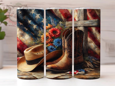Patriotic Western Cross Tumbler, Cowboy Boots Tumbler, Stylish 20oz Wrap, Sublimation Design, Trendy Gift Idea, Western Christian Wrap, Rustic Patriotic Tumbler Sublimation Lara' s Designs 