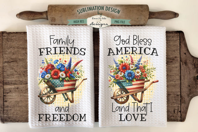 Patriotic Wheelbarrows with Flowers - Kitchen Towel Sublimation Design Sublimation Ewe-N-Me Designs 