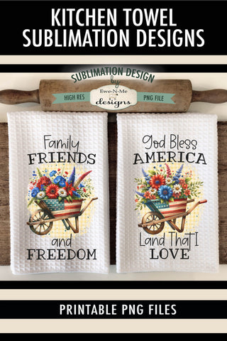 Patriotic Wheelbarrows with Flowers - Kitchen Towel Sublimation Design Sublimation Ewe-N-Me Designs 