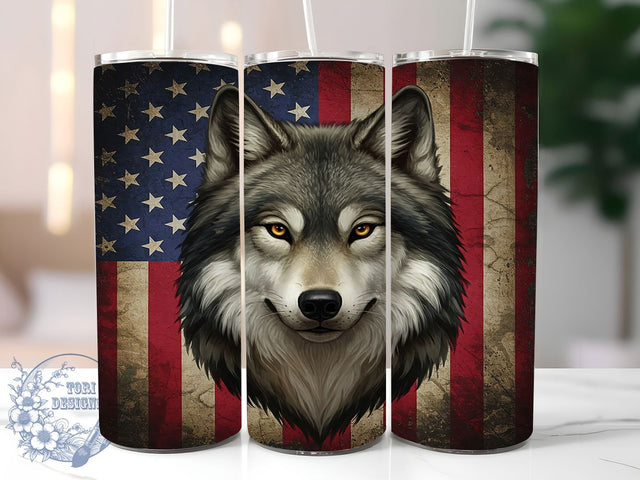 Patriotic Wolf 20oz Tumbler Wrap, American Flag Wrap, 20oz Sublimation Wrap, USA Wildlife Cup, Howling Wolf Design, Red White Blue Tumbler, Freedom Wolf Art Sublimation ToriDesigns 