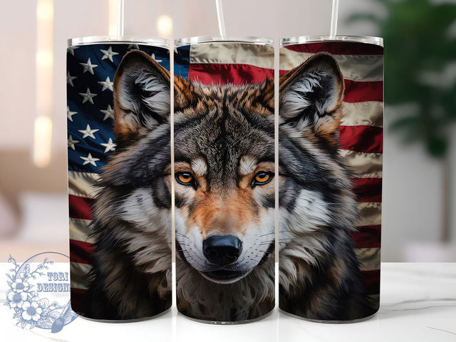Patriotic Wolf 20oz Tumbler Wrap, American Flag Wrap, 20oz Sublimation Wrap, USA Wildlife Cup, Howling Wolf Design, Red White Blue Tumbler, Freedom Wolf Art Sublimation ToriDesigns 